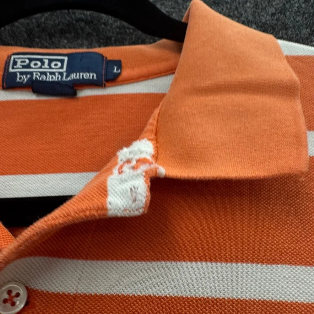 Vintage Polo Ralph Lauren Mens Orange White Striped Cotton Polo Shirt Large
